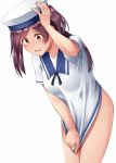  1girl alternate_costume blush brown_eyes cosplay covering covering_crotch cowboy_shot dress fingernails hagikaze_(kantai_collection) hat hiburi_(kantai_collection) hiburi_(kantai_collection)_(cosplay) highres kamelie kantai_collection long_hair one_side_up open_mouth purple_hair sailor_dress sailor_hat simple_background solo white_background white_dress white_headwear 