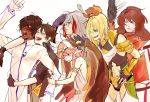  1girl 5boys arjuna_(fate/grand_order) armlet armor artist_request blonde_hair body_armor bracelet brown_hair chaldea_uniform circe_(fate/grand_order) club dark_skin embarrassed fate/grand_order fate_(series) fujimaru_ritsuka_(male) gloves head_wings highres holding_arm hug impending_hit jacket jason_(fate/grand_order) jewelry laughing multiple_boys odysseus_(fate/grand_order) orange_hair orion_(fate/grand_order) pointy_ears saint_george_(fate/grand_order) shading_eyes teasing weapon white_hair wings 