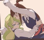  2girls blonde_hair blue_eyes blush brown_hair diana_cavendish embarrassed hand_on_another&#039;s_waist kagari_atsuko little_witch_academia long_hair looking_at_another luna_nova_school_uniform multicolored_hair multiple_girls open_mouth red_eyes school_uniform simple_background tonton_(mathcaca24) two-tone_hair wavy_hair yellow_background yuri 