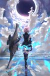  1girl armor armored_dress aura bare_shoulders black_gloves blue_sky boots clouds cloudy_sky fate/grand_order fate_(series) from_behind gloves high_heel_boots high_heels highres holding_shield kdm_(ke_dama) lavender_hair mash_kyrielight pink_hair reflection shield shirt short_hair singularity sky skyline sleeveless sleeveless_shirt thigh-highs thigh_strap walking water 