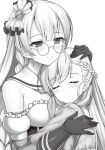  2girls azur_lane belfast_(azur_lane) blush breasts closed_eyes closed_mouth edinburgh_(azur_lane) elbow_gloves eyebrows_visible_through_hair facing_another glasses gloves greyscale hand_on_another&#039;s_head highres hug long_hair looking_at_another medium_breasts monochrome multiple_girls neckerchief raiou smile 