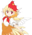  1girl animal_on_head arm_up bird bird_on_head blonde_hair chick commentary_request dress feathered_wings ini_(inunabe00) looking_at_viewer multicolored_hair niwatari_kutaka on_head orange_dress outstretched_arm red_eyes red_neckwear redhead short_hair short_sleeves simple_background smile solo tail_feathers touhou upper_body white_background wings 