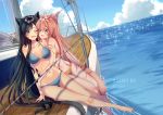  2girls :d ;d ahoge animal_ears artist_name bangs barefoot bikini black_hair blue_bikini blue_eyes blush boat cat_ears cat_girl cat_tail cheek-to-cheek clouds collarbone day eyebrows_visible_through_hair green_eyes hair_between_eyes highres hug kuini long_hair long_legs looking_at_another multiple_girls navel ocean one_eye_closed open_mouth orange_bikini original outdoors pink_hair shiny shiny_hair sitting smile swept_bangs swimsuit tail very_long_hair watercraft wooden_floor yacht 