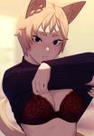  1girl animal_ear_fluff animal_ears black_eyes blonde_hair bra breasts cat_ears cat_tail commentary lifted_by_self long_sleeves looking_at_viewer medium_breasts original parted_lips razalor red_bra shirt_lift short_hair solo tail thick_eyebrows turtleneck underwear upper_body 