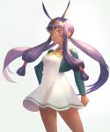  1girl alternate_costume commentary_request cowboy_shot dark_skin dress earrings facial_mark fate/grand_order fate_(series) hairband highres hoop_earrings jewelry long_hair long_sleeves low-tied_long_hair nitocris_(fate/grand_order) otsukemono purple_hair shrug_(clothing) sidelocks simple_background solo twintails violet_eyes white_dress 