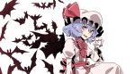  1girl bat bat_wings blue_hair blush cup fang hand_up hat hat_ribbon highres holding holding_cup juliet_sleeves kawayabug long_sleeves mob_cap open_mouth pink_headwear pointy_ears puffy_sleeves red_eyes red_neckwear red_ribbon remilia_scarlet ribbon short_hair simple_background solo teacup touhou upper_body vampire white_background wings wrist_cuffs 