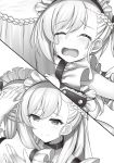  2girls azur_lane belchan_(azur_lane) belfast_(azur_lane) blush closed_eyes closed_mouth crying elbow_gloves eyebrows_visible_through_hair facing_viewer gloves greyscale highres hug long_hair looking_at_another maid_headdress monochrome multiple_girls raiou smile white_gloves 