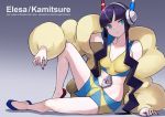  1girl black_hair blonde_hair blue_eyes blush breasts character_name gym_leader headphones highres kamitsure_(pokemon) katsu_(katsupainter) long_hair looking_at_viewer navel pokemon pokemon_(game) pokemon_bw smile solo 