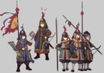  5girls :d armor arrow belt black_hair blue_eyes boots bow_(weapon) brown_hair chinese_armor fang fangdan_runiu flag full_armor grey_background hair_over_one_eye hand_on_hip hat helmet highres holding holding_bow_(weapon) holding_spear holding_sword holding_weapon looking_at_viewer multiple_girls open_mouth original polearm purple_hair quiver red_eyes simple_background smile spear sword violet_eyes weapon yellow_eyes 