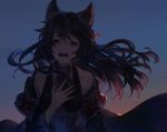  1girl bare_shoulders black_hair breasts collarbone crying crying_with_eyes_open dusk erune granblue_fantasy medium_breasts nier_(granblue_fantasy) off_shoulder rowya solo sunset tears 