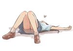  1girl blue_skirt brown_footwear exhausted kawai_makoto loafers lying on_back original outstretched_arms pleated_skirt shoes short_sleeves shorts shorts_under_skirt skirt socks solo spread_arms white_background white_legwear 