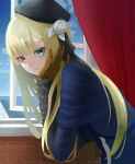  1girl bangs black_headwear blonde_hair blue_eyes blush brown_gloves commentary_request curtains eyebrows_visible_through_hair fate/grand_order fate_(series) flower from_side gloves hair_ornament hat highres indoors long_hair long_sleeves looking_at_viewer lord_el-melloi_ii_case_files reines_el-melloi_archisorte smile solo tenpai window 