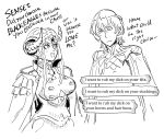  1boy 1girl :d bb_(baalbuddy) breasts byleth_(fire_emblem) byleth_eisner_(male) commentary curled_horns dialogue_box double_bun edelgard_von_hresvelg english_commentary english_text epaulettes fire_emblem fire_emblem:_three_houses greyscale highres jacket jacket_on_shoulders jitome large_breasts looking_at_another monochrome open_mouth profanity sidelocks simple_background smile truth white_background 