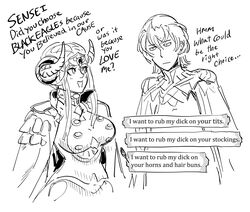  1boy 1girl :d bb_(baalbuddy) breasts byleth_(fire_emblem) byleth_eisner_(male) commentary curled_horns dialogue_box double_bun edelgard_von_hresvelg english_commentary english_text epaulettes fire_emblem fire_emblem:_three_houses greyscale highres jacket jacket_on_shoulders jitome large_breasts looking_at_another monochrome open_mouth profanity sidelocks simple_background smile truth white_background 