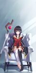  1girl armchair bandaged_leg bandages bangs bare_shoulders barefoot belt black_cape black_hair black_legwear blush breasts brown_belt cape chair collar collarbone commentary_request dress full_body highres kiona_(giraffe_kiona) kono_subarashii_sekai_ni_shukufuku_wo! long_sleeves looking_at_viewer megumin off-shoulder_dress off_shoulder red_dress red_eyes short_hair short_hair_with_long_locks single_thighhigh sitting small_breasts smile solo staff thigh-highs 