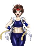  1girl anagumasan blush brown_hair dougi fingerless_gloves gloves headband leggings midriff navel red_headband ryuuko_no_ken sports_bra wardrobe_malfunction yuri_sakazaki 