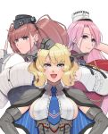  3girls armpit_cutout atlanta_(kantai_collection) black_headwear blonde_hair blue_eyes blue_neckwear breasts brown_hair capelet colorado_(kantai_collection) commentary_request dress dress_shirt earrings elbow_gloves garrison_cap gloves grey_dress grey_eyes grey_headwear hat headgear highres index_finger_raised jewelry kantai_collection kuroiani large_breasts long_hair luigi_di_savoia_duca_degli_abruzzi_(kantai_collection) multicolored_hair multiple_girls necktie partly_fingerless_gloves pink_hair pleated_dress redhead shirt short_hair side_braids sideboob simple_background sleeveless star star_earrings streaked_hair two_side_up upper_body violet_eyes white_background white_gloves white_shirt 