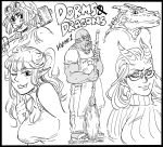  1boy 4girls :p bb_(baalbuddy) black_border border breasts broom cigar commentary cover covered_nipples dark_skin dark_skinned_male demon_girl demon_horns elf facial_mark fake_cover fang furry glasses goggles goggles_on_head greyscale hammer highres holding horns large_breasts lizard_girl looking_at_viewer mole mole_under_mouth monochrome monster_girl mouth_hold multiple_girls muscle one_eye_closed orc original pants pointy_ears ponytail ribbed_sweater sandals shirt simple_background smile sweater t-shirt tank_top title_parody tongue tongue_out white_background 