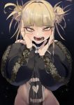  1girl bangs blonde_hair blunt_bangs blush boku_no_hero_academia commentary_request double_bun eyebrows_visible_through_hair fangs heart looking_at_viewer messy_hair open_mouth smile solo toga_himiko yellow_eyes zd_(pixiv6210083) zipper 