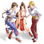  3girls blonde_hair blue_eyes bow bowtie braided_ponytail brown_eyes brown_hair dougi dress_shirt fatal_fury highres king_(snk) multiple_girls pelvic_curtain revealing_clothes ryuuko_no_ken sash shiranui_mai shirt short_hair spandex the_king_of_fighters x_chitch yuri_sakazaki 