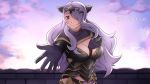 armor breasts crown curvy highres large_breasts one_eye_covered purple_hair red_eyes s_support 