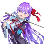  1girl bb_(fate)_(all) bb_(fate/extra_ccc) black_coat breasts coat eyebrows_visible_through_hair fate/extra fate/extra_ccc fate/grand_order fate_(series) gloves hair_ribbon holding holding_wand large_breasts long_hair looking_at_viewer neck_ribbon popped_collar purple_hair red_ribbon ribbon riding_crop robina very_long_hair violet_eyes wand white_gloves 
