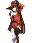  1girl bandaged_leg bandages bare_shoulders belt black_collar black_hair black_legwear blush breasts cape collar collarbone commentary_request dress fingerless_gloves gloves hat knee_up kono_subarashii_sekai_ni_shukufuku_wo! looking_at_viewer megumin mugisei333 off-shoulder_dress off_shoulder red_dress red_eyes short_hair_with_long_locks simple_background single_thighhigh solo thigh-highs white_background witch_hat 