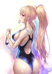  ass blonde_hair blush breasts competition_swimsuit furen_e_lustario goggles highres holding holding_hair looking_at_viewer looking_back mouth_hold nijisanji one-piece_swimsuit pale_skin ponytail red_eyes shiroshisu shoulder_blades sideboob swimsuit virtual_youtuber 