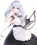  1girl anchor_choker apron azur_lane bangs black_hairband black_skirt blunt_bangs bracelet breasts center_frills chestnut_mouth choker commentary_request cowboy_shot dido_(azur_lane) eyebrows_visible_through_hair frilled_apron frilled_choker frills hairband half-closed_eyes hand_on_own_chest highres jewelry large_breasts long_hair looking_at_viewer maid_apron olive_(laai) playing_with_own_hair sheath sheathed shirt sideboob sidelocks silver_hair simple_background skirt sleeveless sleeveless_shirt solo sword under_boob underboob_cutout violet_eyes waist_apron weapon white_apron white_background white_shirt 