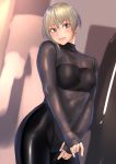  1girl blonde_hair blush bodysuit covered_navel hair_between_eyes head_tilt highres kilye_4421 navel original see-through skin_tight smile solo standing 