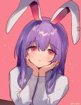  1girl :&lt; ainy77 animal_ears bangs blush bunny_girl closed_mouth commentary_request eyebrows_visible_through_hair hands_on_own_knees highres long_hair long_sleeves looking_at_viewer pink_background purple_hair rabbit_ears red_eyes reisen_udongein_inaba shirt simple_background solo touhou twitter_username upper_body upper_teeth white_shirt 