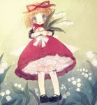  1girl black_footwear blonde_hair blue_eyes blush doll_joints dress flower frills full_body hair_ribbon holding holding_flower lily_of_the_valley looking_at_viewer medicine_melancholy red_dress red_ribbon ribbon short_hair short_sleeves solo touhou white_legwear yujup 