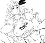  1girl abs amazon_(company) amazon_(dragon&#039;s_crown) bb_(baalbuddy) closed_mouth commentary covered_nipples dragon&#039;s_crown dutch_angle english_commentary feathers greyscale hair_feathers headband highleg highleg_panties highres long_hair midriff monochrome muscle muscular_female namesake navel panties short_sleeves simple_background solo tank_top underwear white_background 