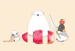  4others alcohol artist_name beer beige_background bird chai commentary_request food fruit hat highres holding knife looking_at_another multiple_others no_humans original penguin scarf sitting strawberry 