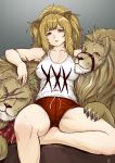  1girl animal_ears arknights blonde_hair breasts candy claws commentary covered_nipples english_commentary facial_scar finalcake food grey_background large_breasts lion lion_ears lollipop long_hair scar siege_(arknights) solo thighs 