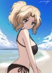  1girl alternate_costume alternate_hairstyle ass beach bikini black_bikini blonde_hair blue_eyes blue_sky breasts bukkuri clouds cowboy_shot dated from_side girls_und_panzer hair_intakes highres kay_(girls_und_panzer) large_breasts looking_at_viewer ocean ponytail shore side-tie_bikini sideboob sky smile solo strap_gap swimsuit water 