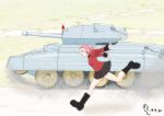  1girl artist_name black_footwear black_skirt boots brown_eyes commentary crusader_(tank) dated day dust_cloud from_side girls_und_panzer ground_vehicle highres jacket long_sleeves medium_hair military military_uniform military_vehicle miniskirt motor_vehicle oekaki_ojiisan open_mouth outdoors outstretched_arms pleated_skirt red_jacket redhead rosehip_(girls_und_panzer) running signature skirt smile solo spread_arms st._gloriana&#039;s_military_uniform tank uniform 