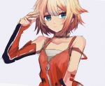  1girl blue_eyes cevio collarbone commentary detached_sleeves expressionless gomiyama hand_up highres looking_to_the_side one_(cevio) orange_shirt orange_sleeves platinum_blonde_hair shirt short_hair sketch sleeves_past_wrists solo spaghetti_strap upper_body zipper 