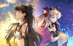  2girls arm_under_breasts asymmetrical_sleeves bangs bare_shoulders black_dress black_hair blonde_hair cape clouds cloudy_sky crown detached_collar detached_sleeves dress earrings elbow_gloves ereshkigal_(fate/grand_order) fate/grand_order fate_(series) gloves gold_trim highres hoop_earrings ishtar_(fate)_(all) ishtar_(fate/grand_order) jewelry long_hair looking_down looking_up multicolored multicolored_cape multicolored_clothes multiple_girls nasaniliu parted_bangs red_cape single_detached_sleeve single_elbow_glove single_sleeve sky sun sunset tiara two_side_up 