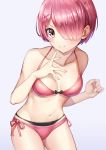  1girl bare_shoulders bikini black_bikini black_bikini_bottom collarbone commentary_request daikichi_(artist) hair_ornament hair_over_one_eye highres looking_at_viewer navel pink_bikini pink_hair ram_(re:zero) re:zero_kara_hajimeru_isekai_seikatsu short_hair side-tie_bikini simple_background smile solo swimsuit white_background x_hair_ornament 