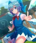  (9) 1girl bangs blouse blue_dress blue_eyes blue_hair blue_ribbon blush bow chalk chalkboard cirno dress dress_shirt eyebrows_visible_through_hair hair_bow highres ice ice_wings kokushoku looking_at_viewer red_bow red_ribbon ribbon shirt short_hair short_sleeves smug touhou white_blouse white_shirt wing_collar wings 