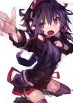  1girl absurdres animal_hood bangs black_skirt bunny_hood hair_between_eyes hair_ornament headphones highres hood hood_down hoodie jacket kaamin_(mariarose753) open_mouth pleated_skirt purple_hair purple_legwear short_hair_with_long_locks simple_background skirt solo thigh-highs violet_eyes vocaloid voiceroid white_background yuzuki_yukari 