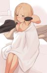  1girl absurdres bangs bed blonde_hair blue_eyes blush brushing_another&#039;s_hair disembodied_limb hair_brush hair_brushing highres i0525 loli looking_to_the_side naked_towel original short_hair sitting solo_focus towel wet 