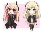  2girls :d bangs black_dress black_footwear black_gloves black_jacket black_legwear black_skirt blonde_hair blue_eyes blush braid chibi claw_pose closed_mouth commission covered_navel dress eyebrows_visible_through_hair fang girls_frontline gloves hair_between_eyes hand_up headgear hood hood_down hooded_jacket jacket k5_(girls_frontline) leotard light_brown_hair long_hair long_sleeves looking_at_viewer m4_sopmod_ii_(girls_frontline) multicolored_hair multiple_girls open_mouth pink_background pleated_skirt red_eyes redhead rynzfrancis skirt smile streaked_hair thigh-highs twitter_username two-tone_background very_long_hair watermark white_background white_leotard 