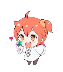  1girl ahoge black_legwear brown_eyes chibi commentary_request fate/grand_order fate_(series) fujimaru_ritsuka_(female) hair_ornament hair_scrunchie heart kotanu_(kotanukiya) open_mouth orange_hair saint_quartz scrunchie side_ponytail smile solo younger 