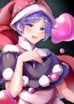  1girl absurdres bangs black_background black_capelet blob blue_eyes blue_hair capelet doremy_sweet dress hand_on_own_chest hat highres koizumo multicolored multicolored_clothes multicolored_dress nightcap pom_pom_(clothes) red_headwear short_hair solo touhou upper_body 