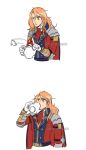  1boy cape drinking ferdinand_von_aegir fire_emblem fire_emblem:_three_houses flamingo_(eme324) gloves long_hair male_focus messy_hair orange_hair sleepy tea teapot twitter_username white_background white_gloves you&#039;re_doing_it_wrong 