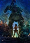  1boy absurdres glowing glowing_eye ground_vehicle gundam helmet highres holding kaamin_(mariarose753) male_focus mecha military military_vehicle mobile_suit_gundam motor_vehicle sky standing tank zaku 