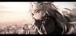  1girl animal_ears arknights black_jacket blurry blurry_background city day eyelashes facepaint grey_eyes hair_ornament hairclip highres jacket lappland_(arknights) letterboxed long_hair looking_at_viewer outdoors parted_lips profile rkzrok silver_hair solo upper_body wind wolf_ears 