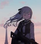  1girl ak-12_(girls_frontline) assault_rifle bangs blue_sky braid closed_mouth clouds cloudy_sky dusk eyebrows_visible_through_hair french_braid girls_frontline gun hair_ribbon hinami047 holding holding_gun holding_weapon long_hair long_sleeves one_eye_closed ribbon rifle sidelocks silver_hair sky tactical_clothes tower violet_eyes weapon 